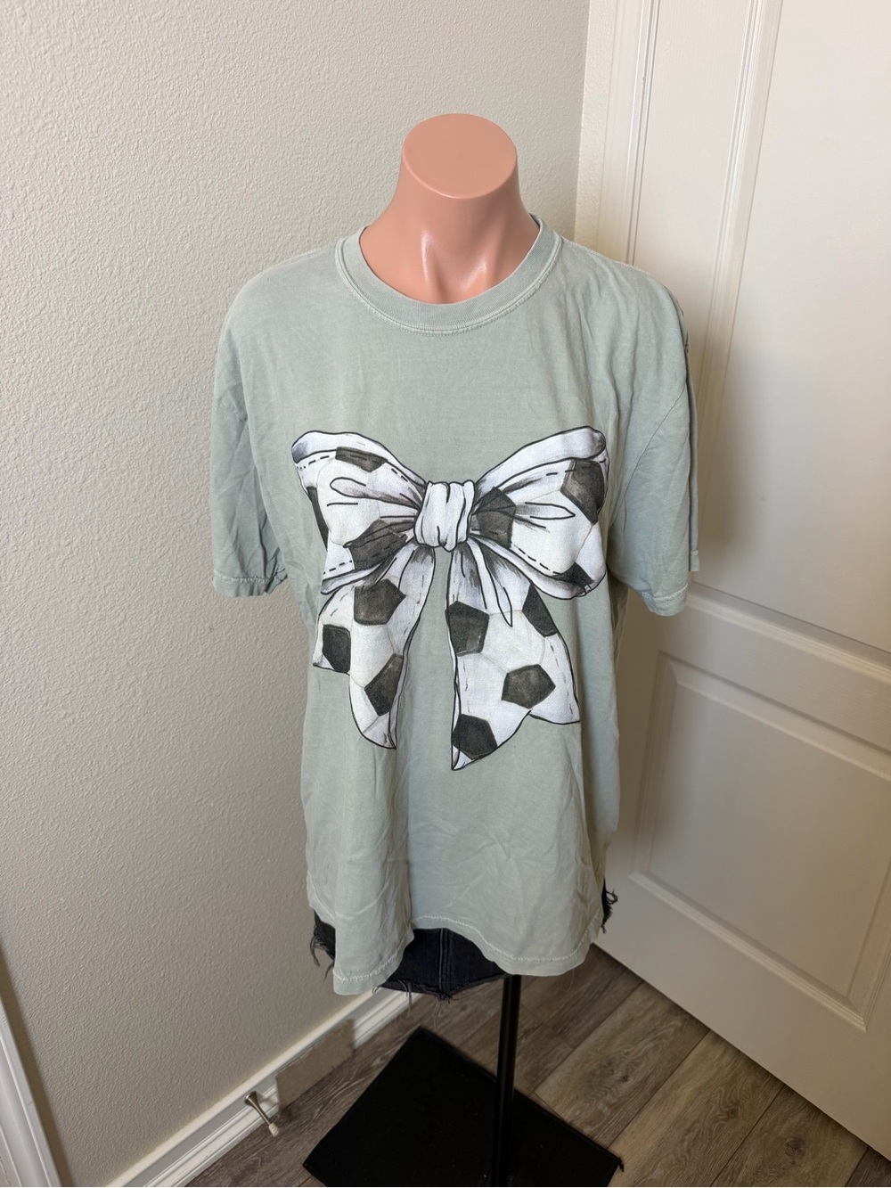 Comfort Colors Light Sage Green Tee with Large Bow Graphic Soccer